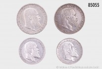 Württemberg, Wilhelm II. (1891-1918), Konv. von 4 Silbermünzen, bestehend aus: 5 Mark 1902 und 1908 F, 3 Mark 1908 und 1912 F. Kleinere Kratzer und Ra...