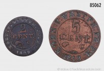 Königreich Westfalen, Konv. von 2 Kleinmünzen: 5 Centimes 1812 C, AKS 40 und 2 Centimes 1809 C. AKS 42. Schön/fast sehr schön.