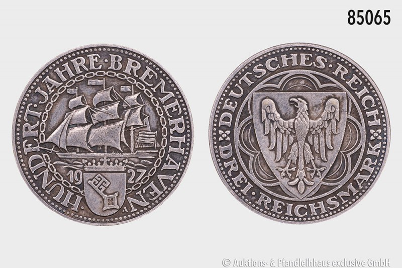 Weimarer Republik, 3 Reichsmark 1927 A, 100 Jahre Bremerhaven. Vermutlich handel...