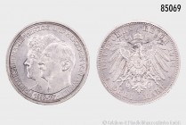Anhalt, Friedrich II. (1904-1918), 3 Mark 1914 A, auf die Silberne Hochzeit des herzoglichen Paares. 16,68 g; 33 mm. AKS 46; Jaeger 24. Prachtexemplar...