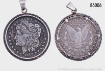 USA, Morgan Dollar 1889 O, mit drehbarem Anhänger in 835er Silber. Gesamtgewicht 31,55 g; 42 mm. Sehr schön.