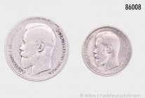 Russland, Nikolaus II. (1894-1917), Konv. von 2 Silbermünzen, bestehend aus: 1 Rubel 1897. 19,72 g; 33 mm. Kahnt/Schön 147. 50 Kopeken 1899. 9,77 g; 2...