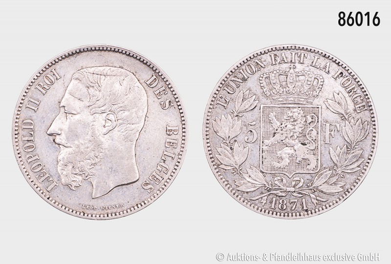 Belgien, Leopold II. (1865-1909), 5 Francs 1871. 24,81 g; 37 mm. Dupriez 1131. K...