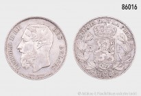 Belgien, Leopold II. (1865-1909), 5 Francs 1871. 24,81 g; 37 mm. Dupriez 1131. Kleine Kratzer, fast vorzüglich.