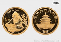 China, 5 Yuan 1998, Panda, 1/20 Unze Feingold. 1,55 g; 13 mm. Schön 1095 (small date). Selten. PP.