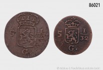Niederl. Indien, Konv. von zwei Kleinmünzen, bestehend aus: 1/16 Stüver 1808. 2,64 g; 21 mm. Mevius 557. Sehr schön. Dazu: 1/32 Stüver 1808. 1,66 g; 1...