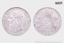 Belgien, Leopold II. (1865-1909), 5 Francs 1870. 24,96 g; 37 mm. Kahnt/Schön 37. Kleine Kratzer, sehr schön/fast vorzüglich.