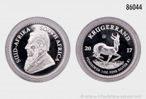 Südafrika, 1 Rand Silber, Krügerrand, 1 Unze Feinsilber (999er Silber). 31,10 g; 39 mm. Geprägt anlässlich des 50-jährigen Jubiläums des Krügerrands, ...