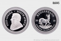 Südafrika, 1 Rand 2018, Krügerrand, 1 Unze Feinsilber (999er Silber). 31,10 g; 39 mm. Selten, Auflage 15.000 Exemplare. PP, gekapselt und in Originalv...