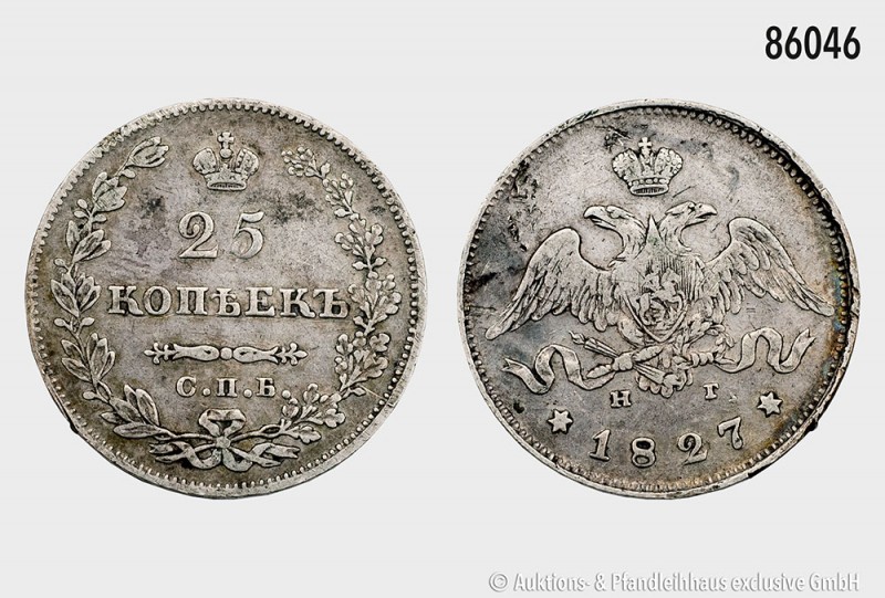 Russland, Nikolaus I. (1825-1855), 25 Kopeken 1827, St. Petersburg. 5,00 g; 24 m...