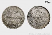 Russland, Nikolaus I. (1825-1855), 25 Kopeken 1827, St. Petersburg. 5,00 g; 24 mm. Kahnt/Schön 52. Bitkin 124; Uzdenikov 1514. Feine Patina, gutes seh...
