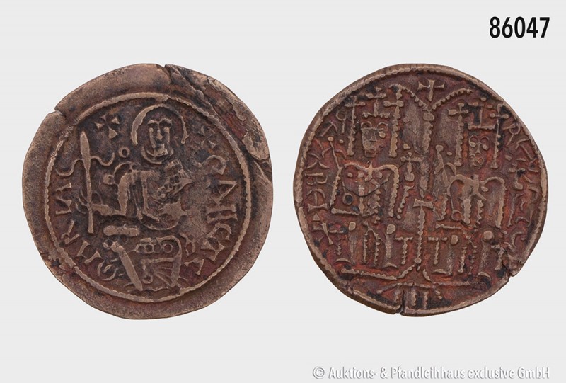 Ungarn, Bela III. (1172-1196), Follis nach byzantinischem Vorbild. Vs. Zwei Köni...