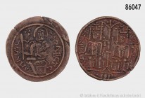 Ungarn, Bela III. (1172-1196), Follis nach byzantinischem Vorbild. Vs. Zwei Königsgestalten thronen von vorne, dazwischen ein Langkreuz, darunter unte...