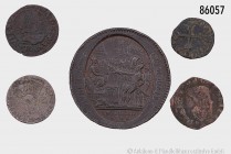 Frankreich, Konv. von 5 verschiedenen Münzen, darunter 5 Sols 1792, 10 Centimes 1808 A und 3 weitere Kleinmünzen. Überwiegend sehr schön, bitte besich...