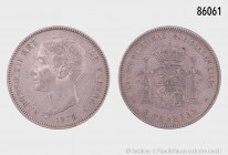 Spanien, Alfons XII. (1875-1885), 5 Pesetas 1875. 24,62 g; 37 mm. Schön 166. Sehr schön.