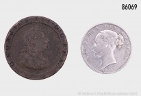 Großbritannien, Konv. von 2 Münzen, bestehend aus: Georg III. (1760-1801), 2 Pence 1797. 27,35 g; 36 mm. KM 619. Victoria (1837-1901), 1/2 Krone 1884....