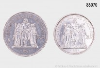 Frankreich, Konv. von 2 Silbermünzen (Hercules-Gruppe, 900er Silber): 10 Francs 1965. 25,00 g; 37 mm. Schön 236. 50 Francs 1978. 29,99 g; 41 mm. Schön...
