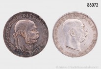 Österreich-Ungarn, Franz Joseph I. (1848-1916), Konv. von 2 Silbermünzen (900er Silber): 5 Korona 1900. 23,97 g; 36 mm. Schön 7. 5 Kronen 1909. 24,03 ...