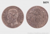Rumänien, Karl I. (1866-1914), 5 Lei 1883 B (900er Silber), von Kullrich. 24,47 g; 37 mm. Kahnt/Schön 21. Fast sehr schön/sehr schön.
