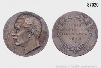 Silberne Schützenmedaille 1913, auf das Preis-Schießen in Baldingen, mit Porträt Kaiser Wilhelms II. 990er Silber. 17,01 g; 34 mm. Selten. In Original...