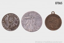 Konv. von 2 Medaillen und einem Jeton, bestehend aus: Medaille 1848 Frankreich Monseigneur Affre, Archevêque de Paris (auf seinen Tod). Vs. Porträbüst...