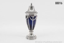 Silberner Biedermeier-Zuckerstreuer mit originalem blauen Glaseinsatz und Deckel mit Bajonett-Verschluss, 13-lötiges Silber (entspricht 812,5er Silber...