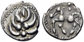  Celtic Coins   The Helvetii (North West Switzerland)  Quinarius or Büschelquinar late 1st century BC, AR 1.35 g. Palmette; at centre, four globules. ...