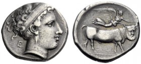  Greek Coins   Campania, Neapolis  Nomos circa 350-325, AR 7.34 g. Head of nymph Parthenope r., wearing broad headband; behind, E. Rev. Man-headed bul...