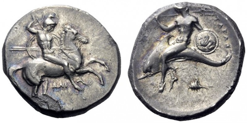  Greek Coins   Calabria, Tarentum  Nomos circa 332-302, AR 7.88 g. Horseman gall...
