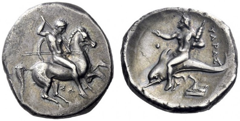  Greek Coins   Calabria, Tarentum  Nomos circa 332-302, AR 7.73 g. Horseman gall...