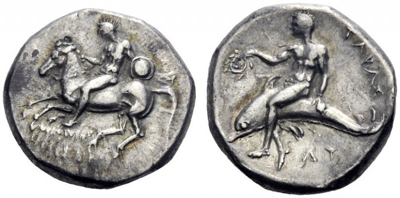  Greek Coins   Calabria, Tarentum  Nomos circa 302-280, AR 7.86 g. Horseman l., ...