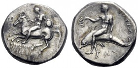  Greek Coins   Calabria, Tarentum  Nomos circa 302-280, AR 7.86 g. Horseman l., holding shield. Rev. Dolphin rider l. holding wreath. Vlasto 687. Hist...