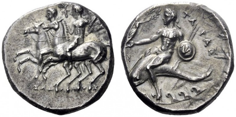  Greek Coins   Calabria, Tarentum  Nomos circa 280-272, AR 6.53 g. Dioscuri ridi...