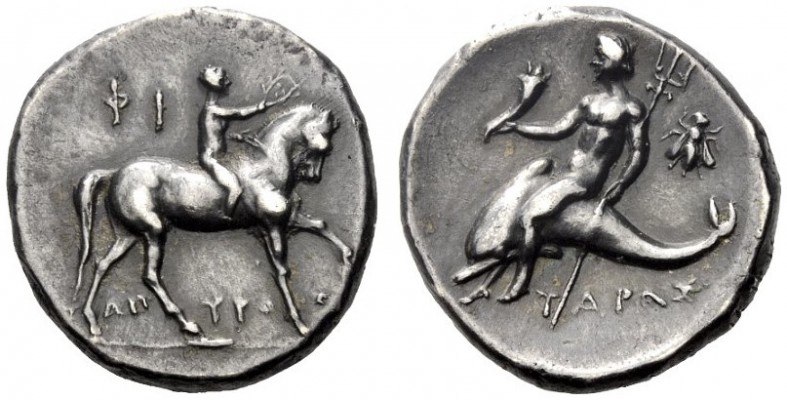  Greek Coins   Calabria, Tarentum  Nomos circa 272-240, AR 6.17 g. Rider r. crow...