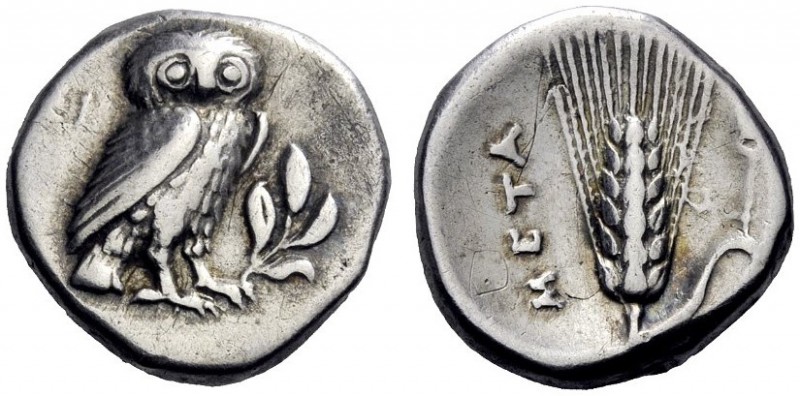  Greek Coins   Metapontum  Drachm circa 325-275, AR 3.16 g. Owl facing grasping ...