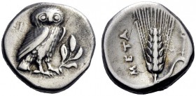  Greek Coins   Metapontum  Drachm circa 325-275, AR 3.16 g. Owl facing grasping olive branch in its talons. Rev. Ear of barley. Johnston-Noe Fraction ...