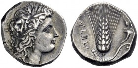 Greek Coins   Metapontum  Nomos circa 290-280, AR 7.80 g. Head of Demeter r., wearing barley-wreath. Rev. Ear of barley with leaf to r., on which, co...