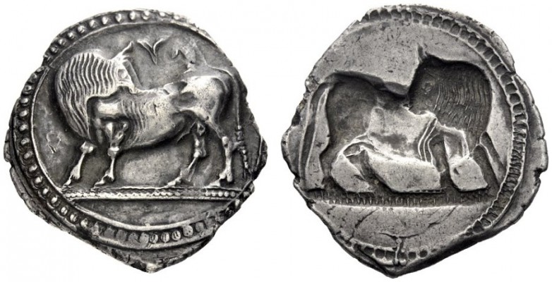 Greek Coins   Sybaris  Nomos circa 550-510, AR 7.73 g. Bull standing l., head t...