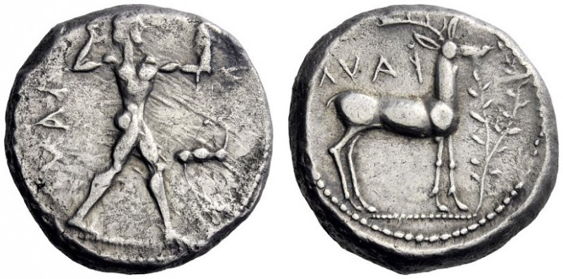  Greek Coins   Caulonia  Nomos circa 475-470, AR 8.32 g. Naked Apollo standing r...