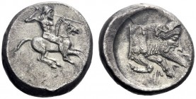  Greek Coins   Gela  Didrachm circa 490-475, AR 8.54 g. Horseman r., hurling javelin. Rev. Forepart of man-headed bull r. Jenkins 70. SNG Boston 244. ...