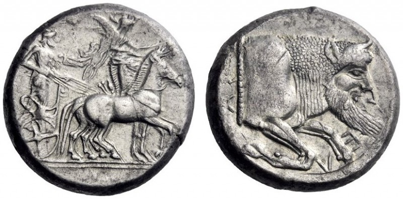  Greek Coins   Gela  Tetradrachm circa 480-470, AR 17.18 g. Slow quadriga driven...