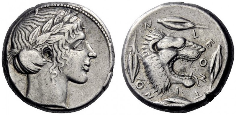  Greek Coins   Leontini  Tetradrachm circa 440, AR 17.73 g. Laureate head of Apo...