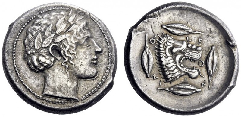  Greek Coins   Leontini  Tetradrachm circa 440, AR 17.52 g. Laureate head of Apo...