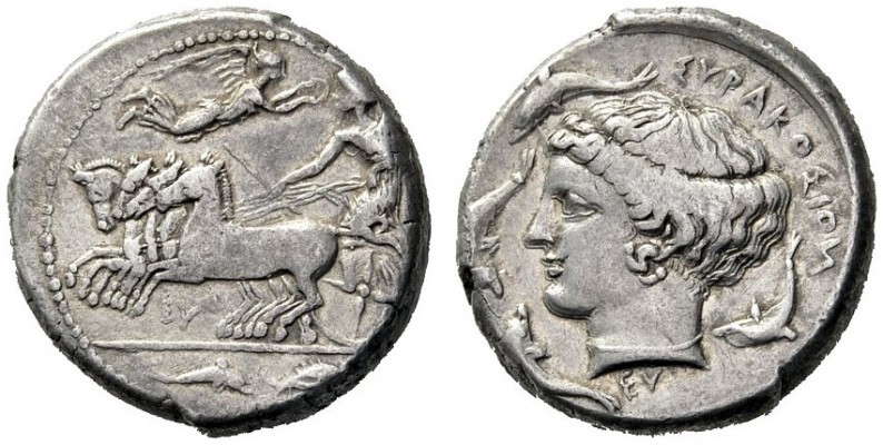  Greek Coins   Syracuse  Tetradrachm signed by Eumenes circa 415-410, AR 17.18 g...