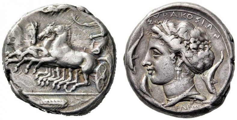  Greek Coins   Syracuse  Tetradrachm signed by Parmenides circa 395, AR 17.21 g....