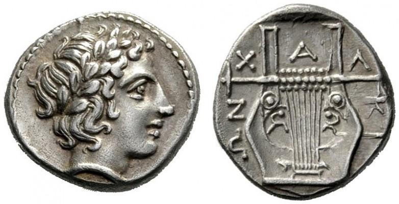  Greek Coins   Olynthus  Tetrobol circa 401-398, AR 2.38 g. Laureate head of Apo...