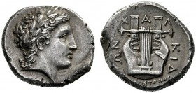  Greek Coins   Olynthus  Tetradrachm circa 350, AR 14.51 g. Laureate head of Apollo r. Rev. Seven-stringed cithara. Robinson- Clement 128.  Of lovely ...