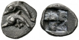  Greek Coins   Thasos  Hemiobol circa 500, AR 0.44 g. Two dolphins swimming l. Rev. Quadripartite incuse square. BMC 18 var. (dolphins r.).  Rare. Old...