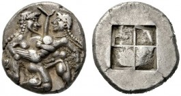  Greek Coins   Thasos  Stater circa 435-411, AR 9.33 g. Naked ithyphallic satyr supporting nymph under thighs with r. arm, the l. hand under her back....