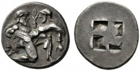  Greek Coins   Thasos  Stater circa 435-411, AR 8.69 g. Naked ithyphallic satyr supporting nymph under thighs with r. arm, the l. hand under her back....